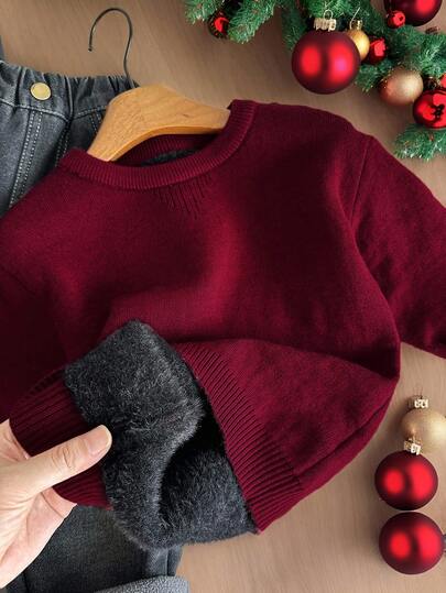 SHEIN Ung pojke, avslappnad, mångsidig, termofodrad stickad pullover, röd, svart, vintage, lämplig för jul, fester, semestrar, höstkläder, lämplig för höst/vinter