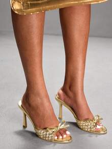 CUCCOO SZL Casual Fashion Bow Decor Open Toe Women Heeled Sandals For Christmas - Gold - View 7