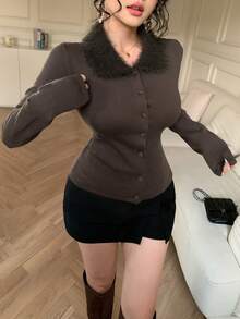 DAZY Áo khoác cardigan cổ tua rua thanh lịch dành cho nữ, Thu/Đông - Cà phê nâu - Xem 9