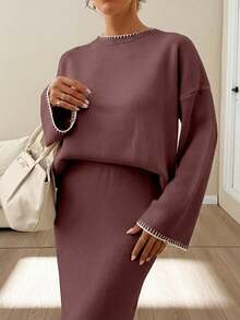 EURMUSE Women Stitch Detailed Round Neck Drop Shoulder Pullover & Sweater Skirt Set - Dusty Pink - View 5