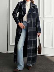 Plaid Texture, Open Front, Belted, Cashmere Overcoats - Multicolor - View 5