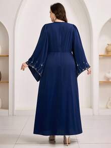 Veilorie Robe élégante plissée avec décoration de strass et manches évasées pour femmes grandes tailles