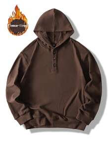 SLATEMANN Men's Dark Brown Button-Up Thermal Lined Pullover Hoodie,High-Quality Velvet Fabric Autumn Streetwear,Solid Sweatshirt For Work And Outdoor,1 Piece - Brown - View 4
