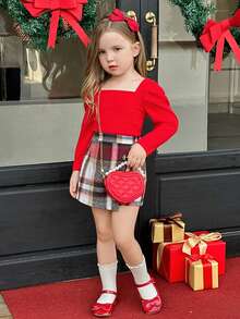 SHEIN Elladie kids 2 件套圣诞节年轻女孩休闲日常荷叶边肩部 T 恤上衣 + 经典红白格子不对称下摆裙装，时尚百搭，适合圣诞节和其他场合，秋冬季 - 紅色 - 查看 4