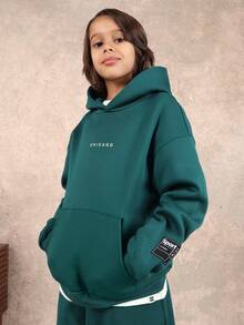 SUMWON Teal Chicago Text Pullover Hoodie And Matching Sweatpants Co-Ord Set With Centre Pocket Elastic Waist Casual Comfort Wear Outfit Vacation - Green - View 3