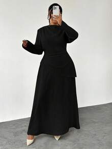 Firerie 大码女士优雅休闲办公套装，不对称褶皱腰身长袖衬衫+A字裙两件套，适合春、夏、秋、冬四季穿着。 - 黑色 - 查看 5