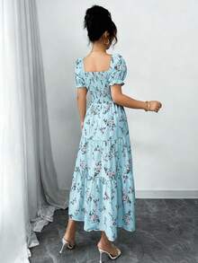 Elenzga 女士春夏方领褶裥短袖荷叶边长款连衣裙，饰有小碎花图案，适合休闲日常、工作、旅行、海滩、波西米亚风、西部风、音乐节、乡村风格等场合。 - 藍色 - 查看 2
