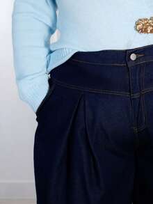 Pretty and Ole Jeans bleu foncé grande taille taille haute pantalon jambe large, vêtement élégant pour dames, confortable avec taille élastique, vêtements pour femmes en automne - Jean brut - Voir 6