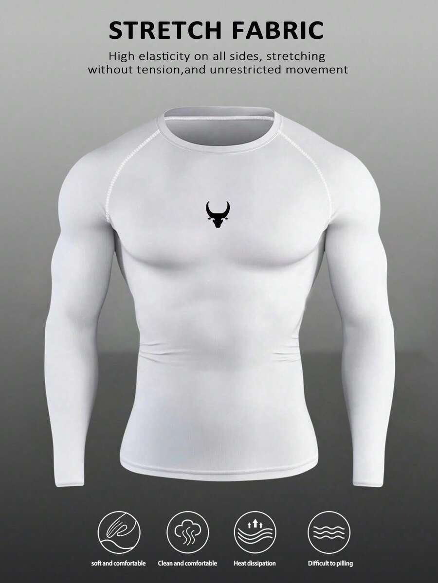 Manfinity Sport Corelite 男士极简印花圆领长袖运动T恤防晒衣男士衬衫健身房上衣长袖男士压缩衣 - 白色 - 查看 1