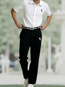 SHEIN 2pcs/Set Teen Boys Black & White Short Sleeve Shirt With Contrast Logo Print, Collared Shirt And Pants Gentleman Outfit, Suitable For School, Commute, Casual, Sports, Spring/Summer - Black and White - View 1