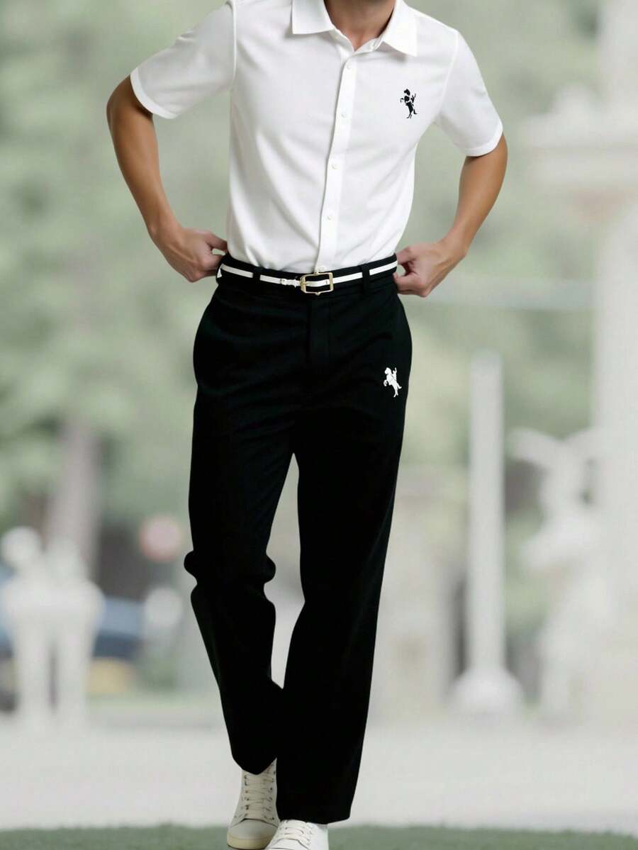 SHEIN 2pcs/Set Teen Boys Black & White Short Sleeve Shirt With Contrast Logo Print, Collared Shirt And Pants Gentleman Outfit, Suitable For School, Commute, Casual, Sports, Spring/Summer - Black and White - View 1