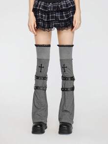 ROMWE Kawaii 1 Pair Of Punk Style Knitted Horn Socks, Niche Design Embroidered Cross, Lace Lace Boot Cover, Autumn And Winter Straps Stacking Socks Cover, Not Easy To Pilling Over Knee Leg Cover - Black grey - View 3