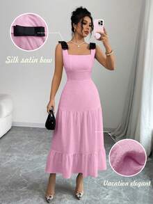 Elenzga Váy dự tiệc đi biển thêu dây nơ nhiều màu sắc cho nữ - Hồng - Xem 1