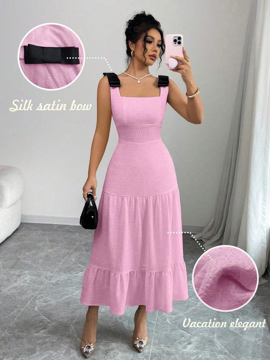 Elenzga Váy dự tiệc đi biển thêu dây nơ nhiều màu sắc cho nữ - Hồng - Xem 1