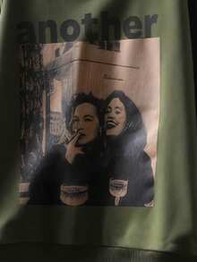 女士休闲印花长袖卫衣，适合户外、旅行、日常穿着，舒适合身 - 軍綠色 - 查看 3