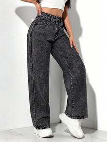 SHEIN PETITE Quần jeans ống đứng giặt thường ngày dành cho nữ - Màu xám đen - Xem 7