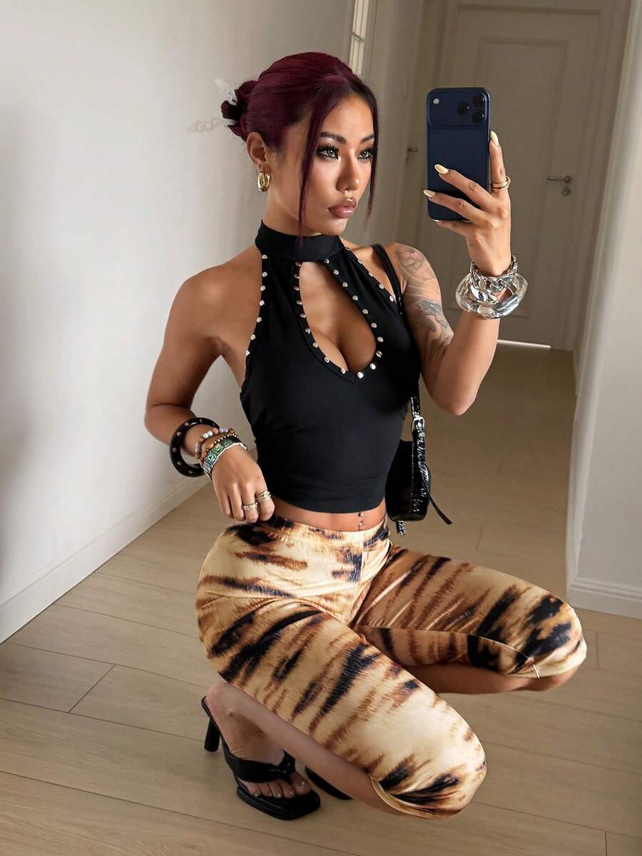 StreetHx 女士动物纹印花渐变黄色Y2K朋克摇滚风七分紧身裤，秋冬款 - 棕色 - 查看 1