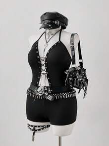 Mono corto sexy de cuello halter de punto de alta elasticidad - Negro - Ver 6