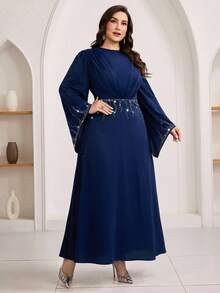 Veilorie Robe élégante plissée avec décoration de strass et manches évasées pour femmes grandes tailles