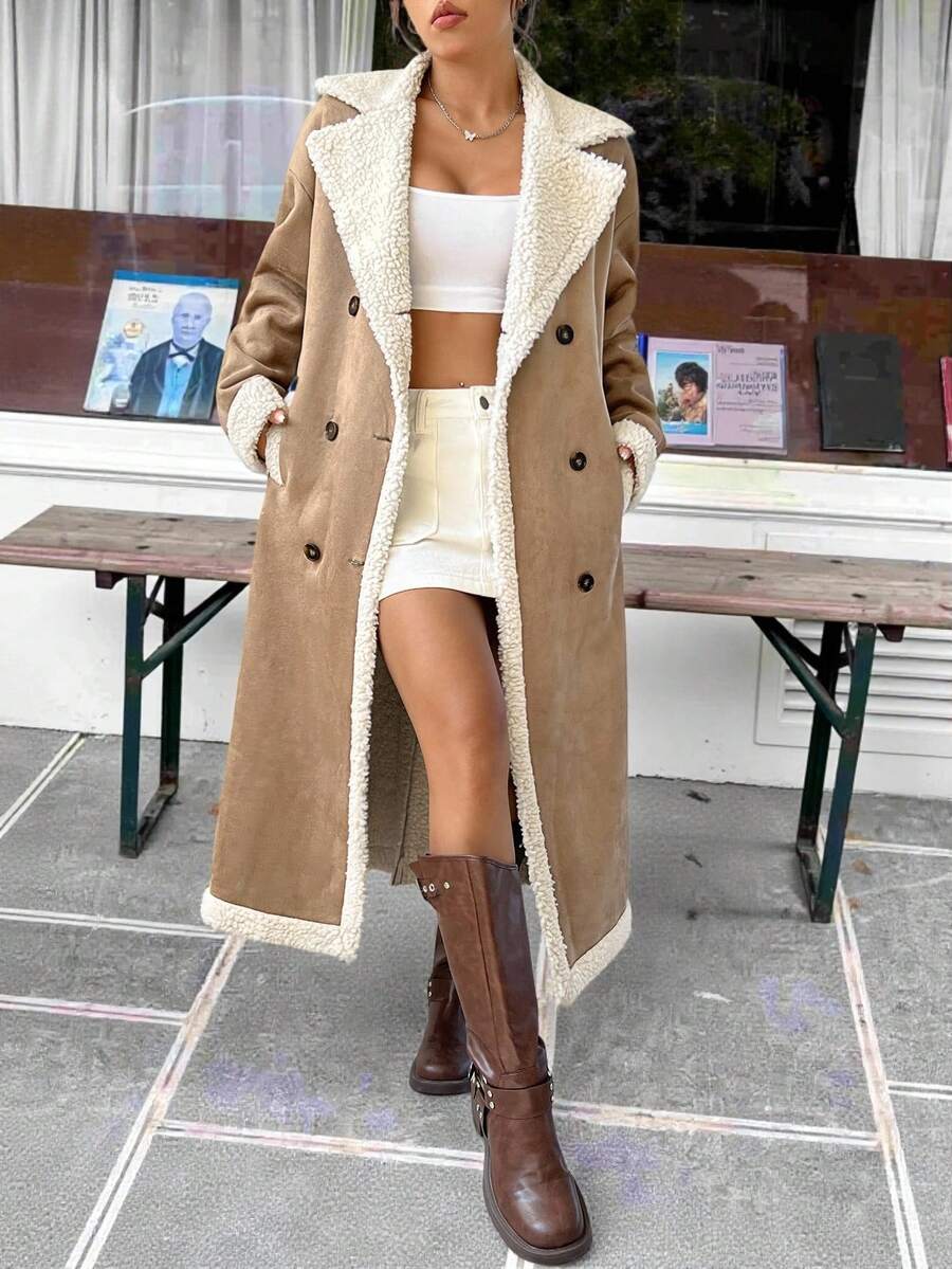 SHEIN EZwear 女士棕色格子绒面翻领双排扣大衣，秋冬款 - 卡其色 - 查看 1