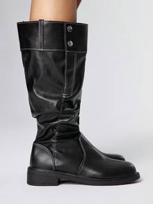 ROMWE Giày bốt cao đến giữa bắp chân xếp ly màu trơn, thời trang và đa năng cho trang phục hàng ngày, mùa thu/đông - màu đen - Xem 4