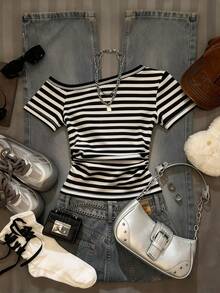 Glimmora 女士条纹不对称肩短袖休闲百搭T恤 - 黑與白 - 查看 2