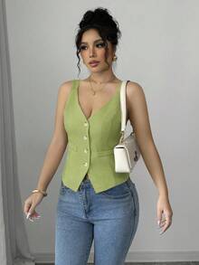 Elenzga Women's Solid Color Single-Breasted Casual Versatile Thick Strap Tank Top - Green - View 3