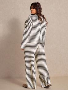Elaquor Plus Size Women Striped Round Neck Drop Shoulder Long Sleeve T-Shirt And Pants Casual 2-Piece Set For Spring, Spring Outfits For Women - Multicolor - View 2