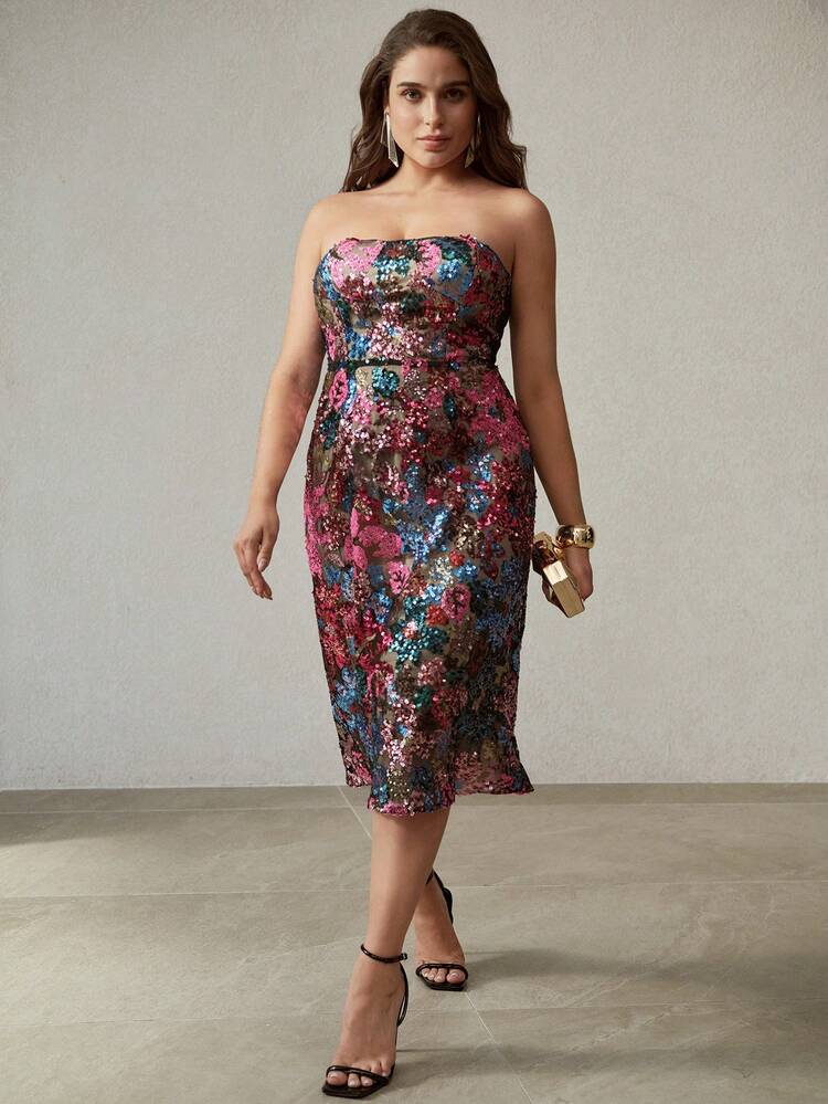 PLUS SIZE SEQUIN MESH STRAPLESS PARTY DRESS, AUTUMN/WINTER