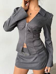 SHEIN MOOSTA Women's Striped Open Front Zip Waist Decor Metal Button Mini A-Line Skirt Suit - Grey - View 4