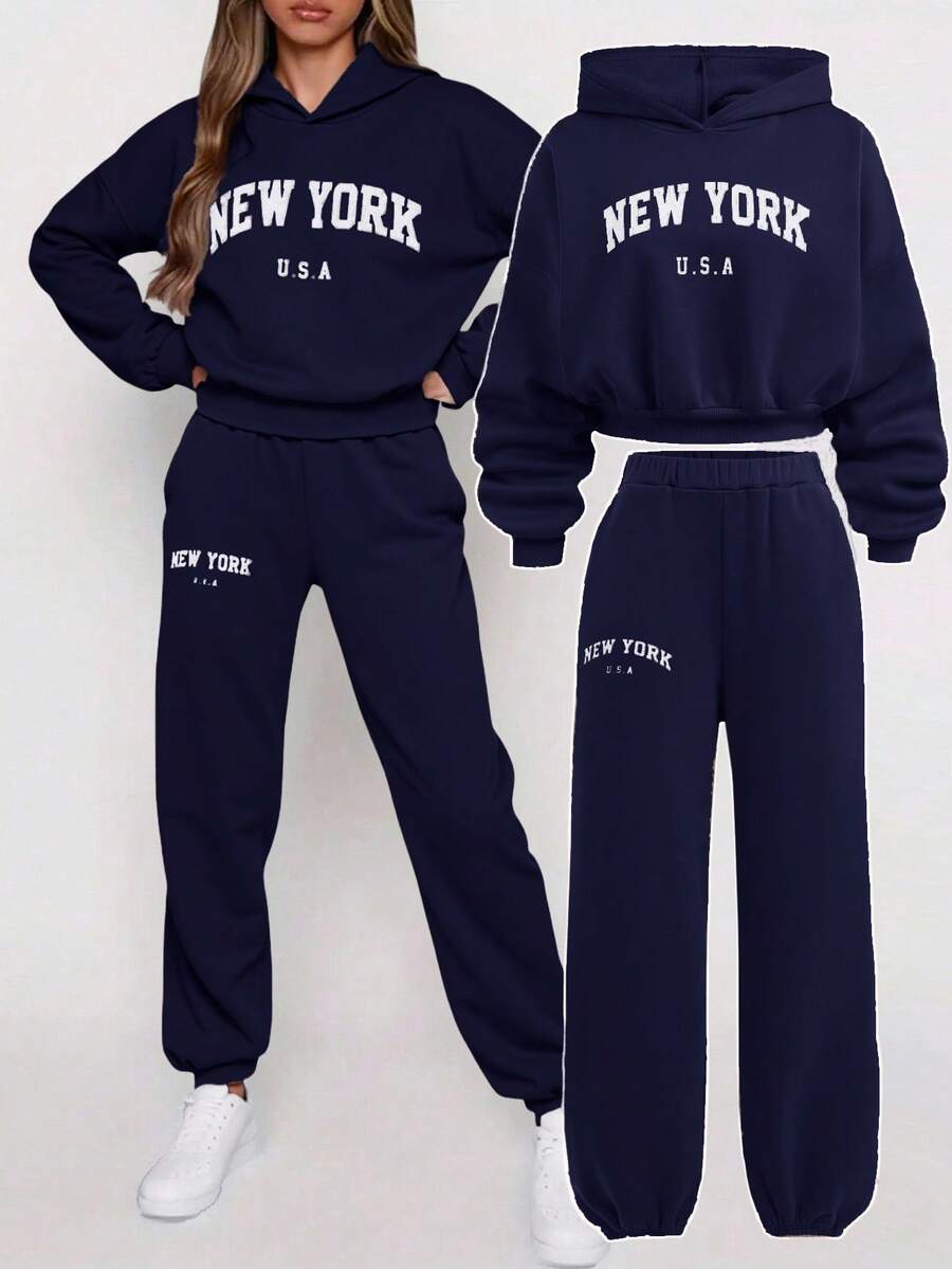 SHEIN Set de 2 piezas de sudadera y pantalón de chándal con estampado de letras de manga larga y cuello redondo para adolescentes - Azul Marino - Ver 1