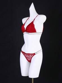2pcs/Set Women Lace Sexy & Charming Romantic Silver Ribbon Lingerie Set - Burgundy - View 3