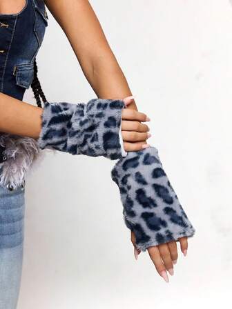 Goth 1 par de guantes de estilo Y2K elegantes, casuales y lindos de alta calidad con puño de manga larga, de peluche cálido de piel de conejo azul falso con estampado de leopardo y tigre, mitones sin dedos, adecuados para el atuendo diario de las mujeres, regalo para fiestas
