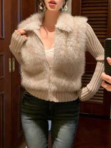 DAZY Áo khoác cardigan nữ 2 trong 1 chắp vá thanh lịch, Thu/Đông - Màu be - Xem 6