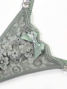 Floral Lace Bow Front G-String, Sexy Lingerie Bow Tie - Army Green - View 4
