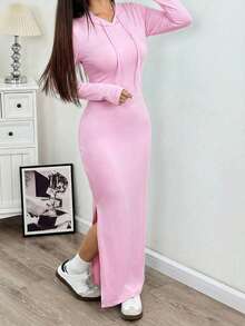 SHEIN EZwear 女士春季连帽抽绳修身长袖针织紧身连衣裙 - 粉色 - 查看 4
