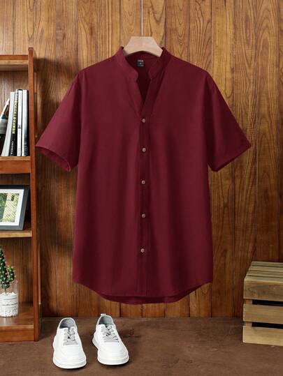 HIMLAND 男士V领单排扣休闲百搭短袖衬衫