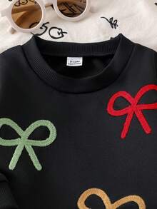 SHEIN 2pcs Baby Girls Colorful Bow Embroidered Sweatshirt And Green Pants Set, Fashionable Autumn Outfit - Red - View 3