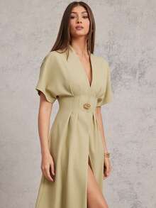 L'Amorae Women Gold Ornament Button V-Neck Midi Fit And Flare Pleated Casual Summer Dress - Olive Green - View 5