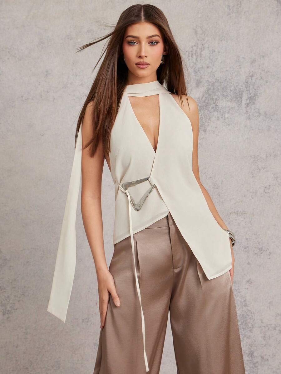 L'Amorae Women Chiffon Silver Accent Buckle Trim Blouse With Scarf, Business Casual Vday Date Going Out - Apricot - View 1