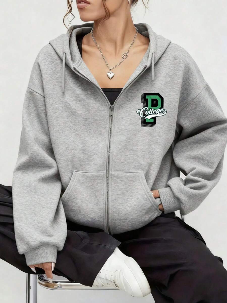 Sudadera con capucha de cierre con estampado de letra P y texto College para uso casual y estilo universitario - Gris - Ver 1