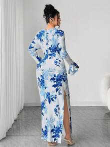 Elenzga 大码不对称领口长袖印花连衣裙 - 藍色 - 查看 2