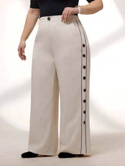 Momelise Elenzga 大码女式杏色和黑色撞色直筒裤，带口袋和拉链，适合秋冬季、万圣节、圣诞节、新年派对、毕业典礼、婚礼等场合，成熟优雅，适合OL通勤、商务休闲等场合。