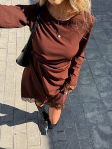 Serisse Women's Coffee Brown Long Sleeve Round Neck Pleated Mini Dress,Autumn Casual Elegant Earth Tone Outfit For Holiday,Valentine,New Year's Eve,Occasion - Coffee - View 1