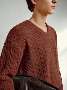 RONVEXI Men's Casual V-Neck Drop Shoulder Cable Knit Sweater, Autumn/Winter - Bronze - View 2