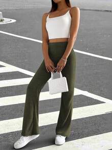 Muchica 女士純色高腰寬腿肋紋褲