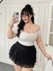 SHEIN EZwear 大码女式蕾丝撞色荷叶边下摆开叉腰短款 A 字裙夏季 - 黑色 - 查看 3