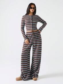 LYSMO 女士条纹长袖单排扣上衣和裤子休闲两件套 - 彩色 - 查看 7