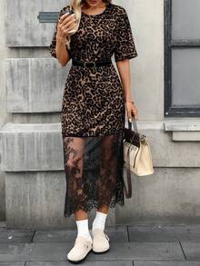 SHEIN LUNE 女士多色豹纹针织中长连衣裙，短袖圆领，薄纱蕾丝细节，棕色连衣裙，豹纹印花休闲长裙，夏季连衣裙，春季服装，女士夏季服装，休闲 - 棕色 - 查看 10