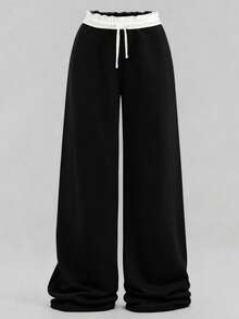 SHEIN Tween Girls Casual Loose Fit Low Waist Elastic Waistband Wide Leg Sweatpants, Color Block, Patchwork, Navy Blue, Back To School Season